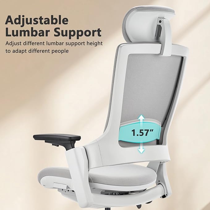 CLATINA Ergonomic High Swivel Executive Chair with Adjustable Height Head 3D Arm Rest Lumbar Support and Upholstered Back for Home Office Gray