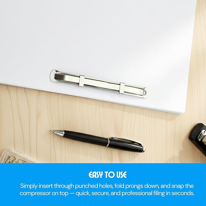 OLYMPX 50 Pcs of 2” Capacity Premium Metal Prong Paper Fastener Complete Set, 2.75 Inch Base with Standard 2-Hole Punch Compressor for Paper File Folder, 50 per Box