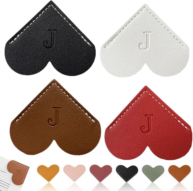 Personalized Leather Heart Bookmark, 26 Letters Customized Corner Book Mark for Reading, Book Holder Markers with Initials Page Book Accessories Cute Gifts (Black+White+Dark Brown+Red,J)
