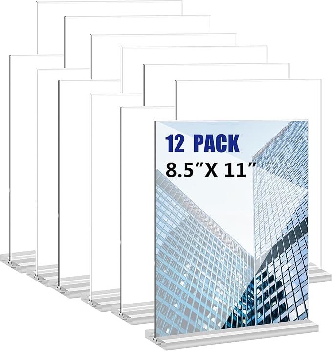 Acrylic Sign Holder 8.5x11 Inches 12 Pack T Shape Desktop Display Stand Vertical Double Sided Clear Table Menu Flyer Holder for Restaurants, Office, Shop, Wedding