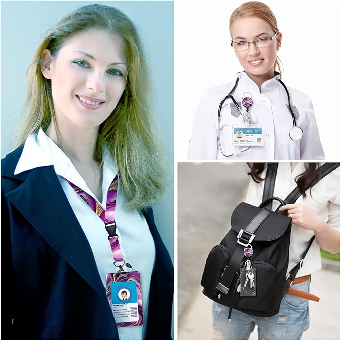 Purple Marble ID Badge Holder with Breakaway Lanyard, Fashionable Lanyards for ID Badges Women, Cute Badge Reel Retractable, ID Card Holder Keychain Name Badge Clip, Nurse Teacher Gifts