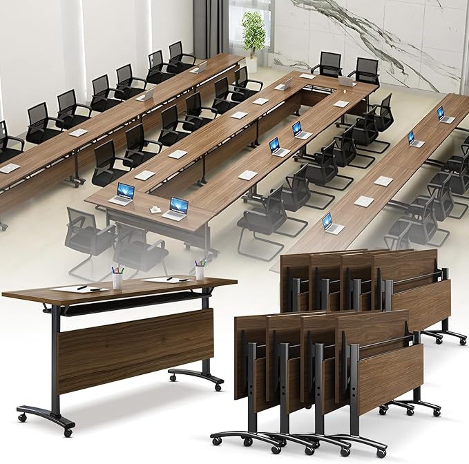 Folding Conference Room Table, Modern Conference Tables with Wheels, Large Rectangular Mobile Training Tables for Office Classroom, Foldable Modular Boardroom Seminar Table Walnut (8pack L70.9in)