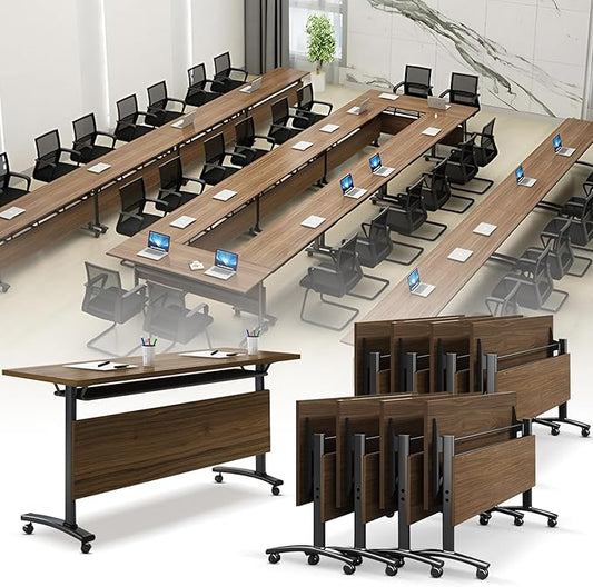 Folding Conference Room Table, Modern Conference Tables with Wheels, Large Rectangular Mobile Training Tables for Office Classroom, Foldable Modular Boardroom Seminar Table Walnut (8pack L55.1in)