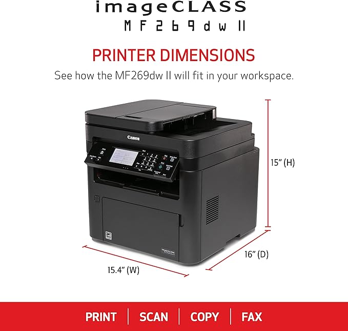 Canon imageCLASS MF269dw II - Monochrome, Duplex Wireless Laser Printer, All-in-One with Scanner, Copier, Fax, Auto Document Feeder, Mobile Ready, 30 PPM, Black
