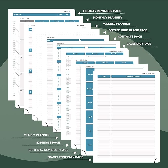 IN-LUXPRO Weekly Monthly 2026 Planner (Jan.26-Dec.26),11.5"x8.5",12 Months Agenda Plan with Month Tabs & Pocket,Expenses/Note Pages, Appointment Book Calendar with Hardcover Vegan Leather Cover,Green