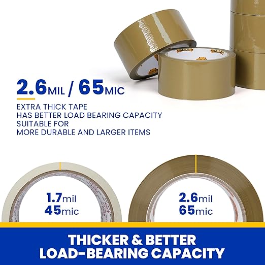 TAPEBEAR Low Noise Brown Packing Tape 72 Yards Extra Length, 1.88Inch-Wide Packaging Tape Refills, Secure Sticky Brown Tape 2.6Mil Heavy Duty for Moving, Shipping, Sealing, 36Rolls Total 2592Yards