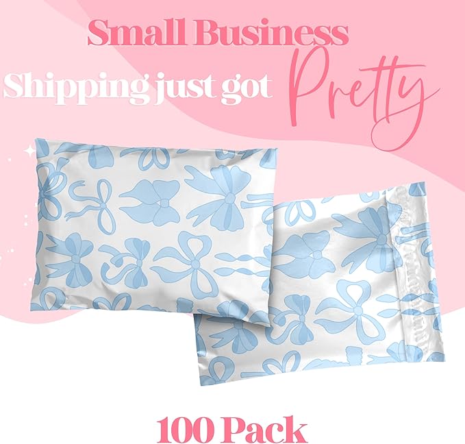 14.5x19 Designer Poly Mailer 100 Pack Heavy Duty Waterproof Self Seal Shipping Bags for Small Business Large Mailing Envelopes Bulk Tear Resistant Packaging Blue Bows
