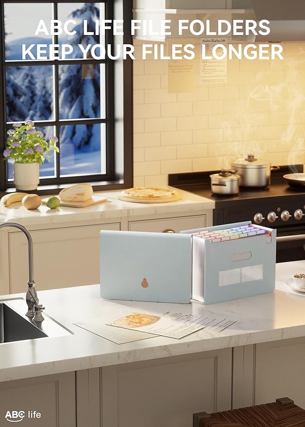 ABC life 26 Pockets Accordian File Organizer Expanding File Folders, Portable Letter A4 Size Filing Box,Plastic Monthly Receipt Document Organizer with Colored Tabs (Light Blue)