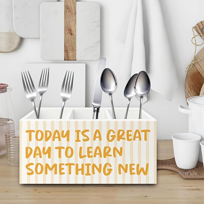 Inspirational Pen Pencil Holder Organizer for Desk, Motivational Gifts for Women, Today Is a Great Day to Learn Something New Wooden Box Sign for Home Office Desk Tabletop Decorations