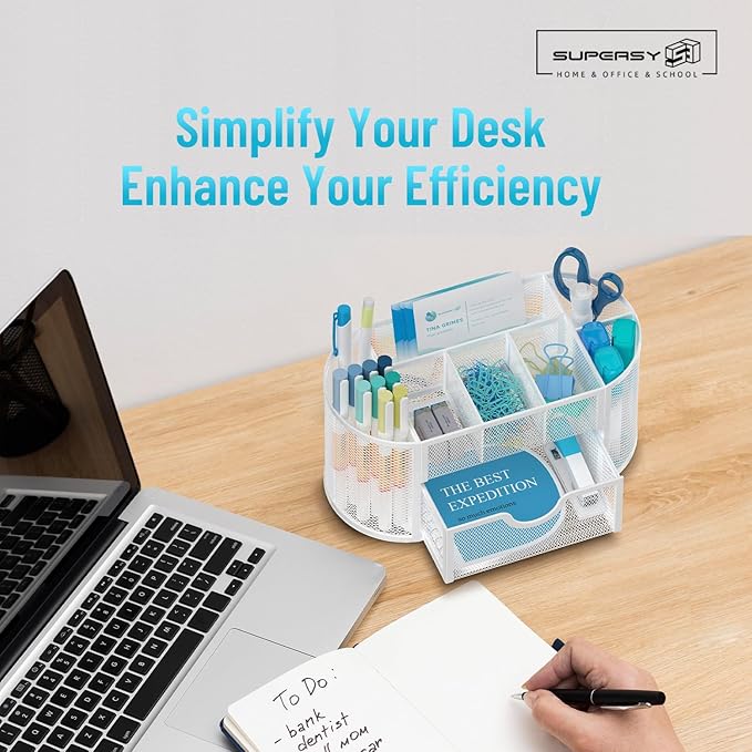 SUPEASY Mesh Desk Organizer, Desk Accessories & Workspace Organizers with Drawers, Pencil Holder for Desk with 9 Compartments for Office Suppliess, 8.6 x 4.3 x 4.1 Inch, White