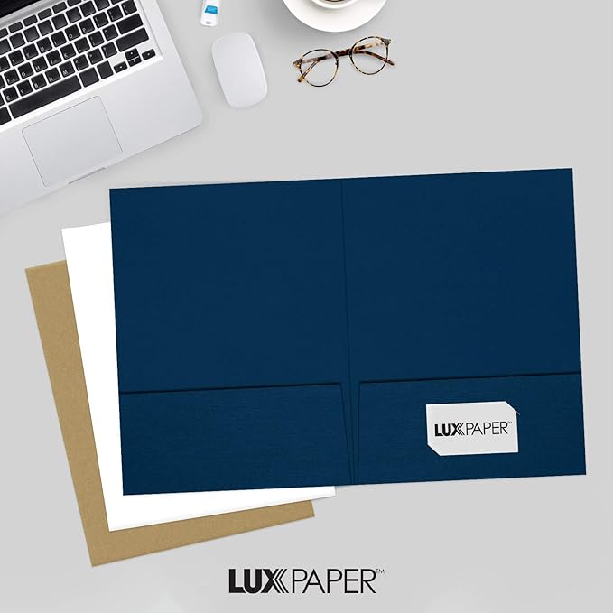LUXPaper 9" x 12" Presentation Folders | Two Pocket | Nautical Blue Linen | 100lb. Cover | 10 Qty