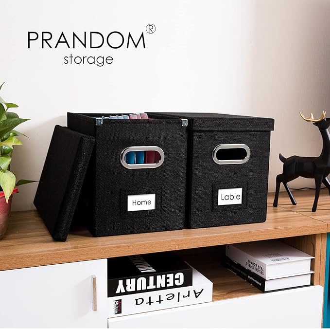 PRANDOM File Organizer Box - Set of 2 Collapsible Decorative Linen Filing Storage Hanging File Folders with Lids Office Cabinet Letter Size Black (14x9.3x10.8 inch)