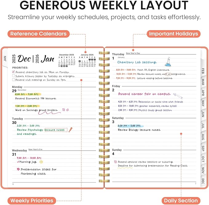 2026 Planner, Weekly and Monthly Calender Planner, Jan 2026 to Dec 2026, Hardcover 2026 Calendar Planner Book with Tabs & Inner Pocket, Office Home School Supplies for Women & Men - A5 (6.3" x 8.5"), Coral