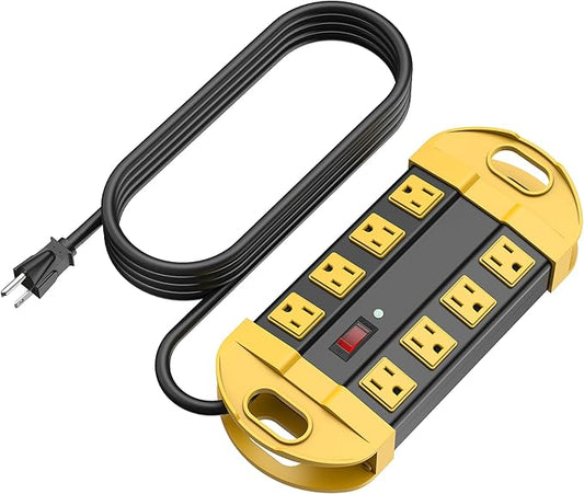 CCCEI Heavy Duty Power Strip Surge Protector, Metal 8 Outlets Power Strip for Appliance. Garage Shop Industrial Workbench 15 AMP Outlets Strip. 10FT Extension Cord, Yellow