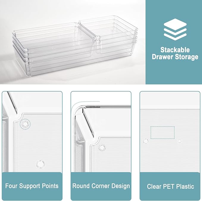 6 Pack Large Clear Plastic Drawer Organizer Trays, Desk Drawer Organizers and Storage Dividers, Non-Slip Storage Bins for Jewelry, Snacks, Office, Bathroom, Bedroom and Kitchen