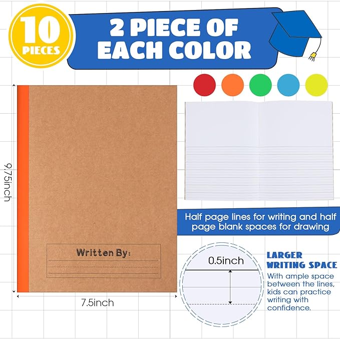 Henoyso 10 Pcs Primary Composition Notebook 9 3/4 x 7 1/2 Inch Kids Journal, Back to School Supplies, K-2 Primary Writing Notebook for Kids Student Draw and Write Story Journal (Bright Color)