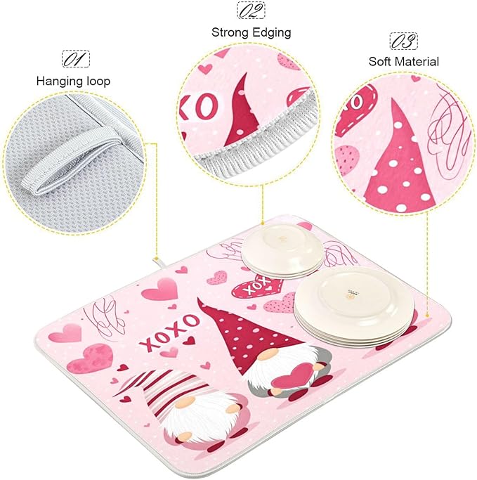 Happy Valentine Hearts Gnomes Dish Drying Mat 18 X 24 In Red Love Absorbent Microfiber Dry Dishes Pads Tableware Mats Protector for Kitchen Countertops Counter Home Decorations