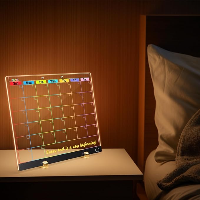 Acrylic Dry Erase Board Calendar with Light, 13.7"X10" LED Note Board with 6-Color Neon Glow Memo Monthly Planning Board for Gift/Room/Office/Wall with Stand, 7 Markers, Black
