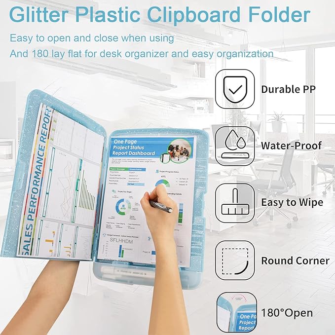 Glitter Clipboard with Storage,Storage Clipboard with Pen Holder,A4 Binder Clip Boards 8.5x11 with Low Profile Clip,Side Opening Sparkle Clipboards, Clipboards Folder for Office Supplies-Aqua Blue