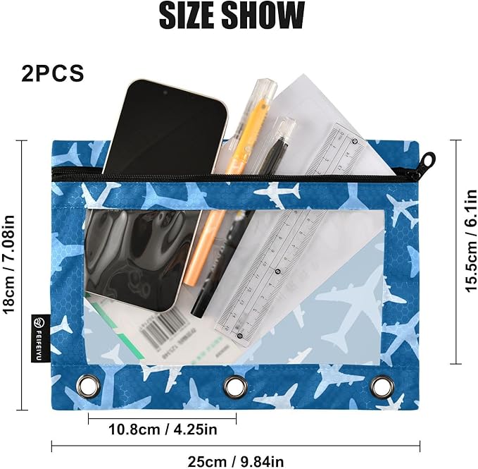 Airplanes in The Sky Pencil Pouch for 3 Ring Binder, 2 Pack Waterproof Pencil Bags Clear Window Zipper School Office Supplies