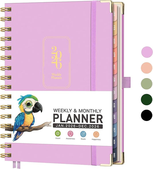 RETTACY 2026 Planner, Weekly and Monthly, Medium Size (5.7" x 8.3"), Jan - Dec 2026, Agenda, Calendar, 12 Month Tabs, Hardcover, 100 GSM Thick Paper, Spiral-bound (Lilac)
