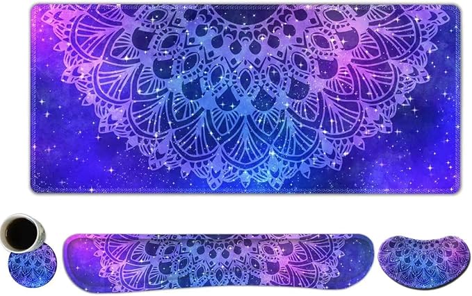 AIMSA Keyboard Mouse Pad Set, Large Gaming Mouse Pad +Wrist Rest Mouse Pad +Keyboard Wrist Support +Coaster, 35x15.7 inch Extended Desk Mat for Easy Typing Pain Relief (Blue Purple Mandala)