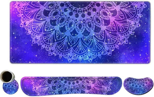 AIMSA Keyboard Mouse Pad Set, Large Gaming Mouse Pad +Wrist Rest Mouse Pad +Keyboard Wrist Support +Coaster, 35x15.7 inch Extended Desk Mat for Easy Typing Pain Relief (Blue Purple Mandala)