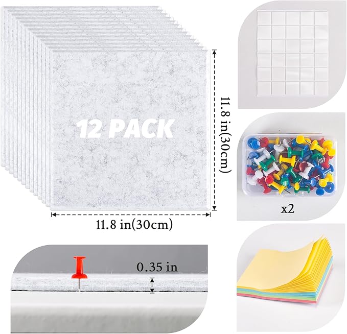 Large Cork Board Alternative, 12 Pack Felt Board with Safe Removable Adhesive Tabs Felt Wall Tiles, Large Cork Boards for Walls, Cork Board for Home Office, Pin Boards for Walls, Marble White