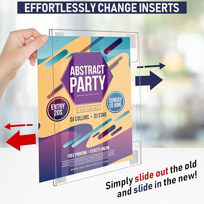 Wall Mount Acrylic Sign Holder - 5 x 7 Inches Portrait or 7 x 5 Inches Landscape Photo Frames with Hook and Loop Adhesive. Perfect for Signs, Menus, Documents, Pictures, Flyers, and More