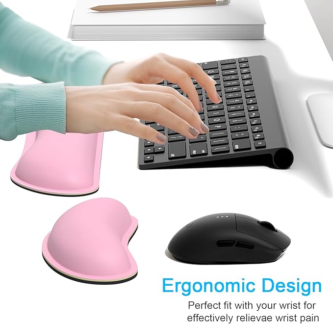 Dapesuom Keyboard Wrist Rest Set, Cute PU Leather Wrist Cushion for Computer Keyboard and Mousepad, Memory Foam Mouse Pad Rests Support with Non-Slip Base for Typing Pain Relief, Laptop, Rose Pink