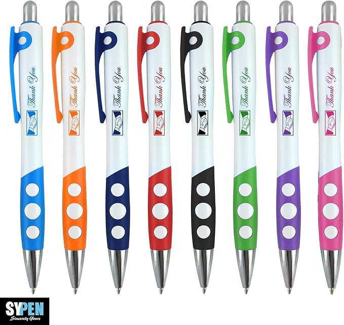 SyPen Personalized Ballpoint Pens With Custom Logo/Text-350 Pack Bulk-for Businesses, Parties, & Events, Custom Printed, White Barrel with Matching Colored Clip and Grip, Click Pens, Black Ink, Pink