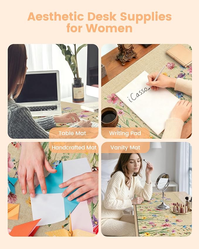 iCasso Desk Cover Mat, Extra Large Floral Mouse Pad, Desk Pad Mat,Office Matt for Desktop Protector, Anti-Slip XXL Big Mousepad with Stitched Edges for Laptop Computer Keyboard(Beige)