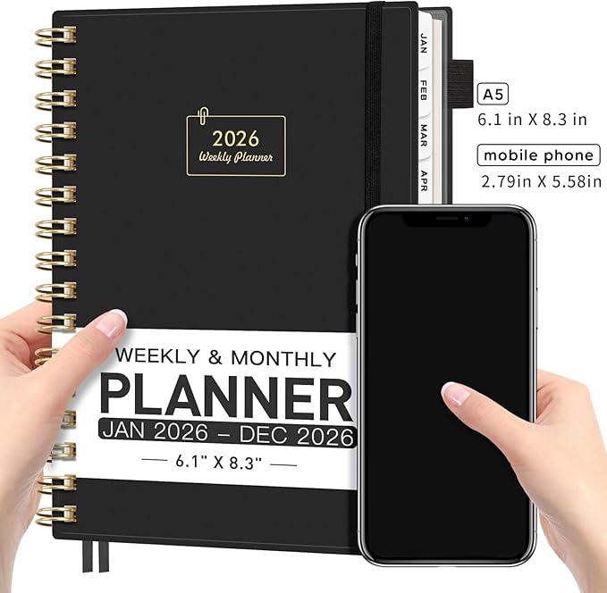 AHGXG 2026 Planner, Weekly and Monthly, Jan 2026 - Dec 2026, 12 Months, 2026 Calendar Planner Book with Tabs for Men Women School Home Office Supplies, A5 (6" X 8.38"), Black