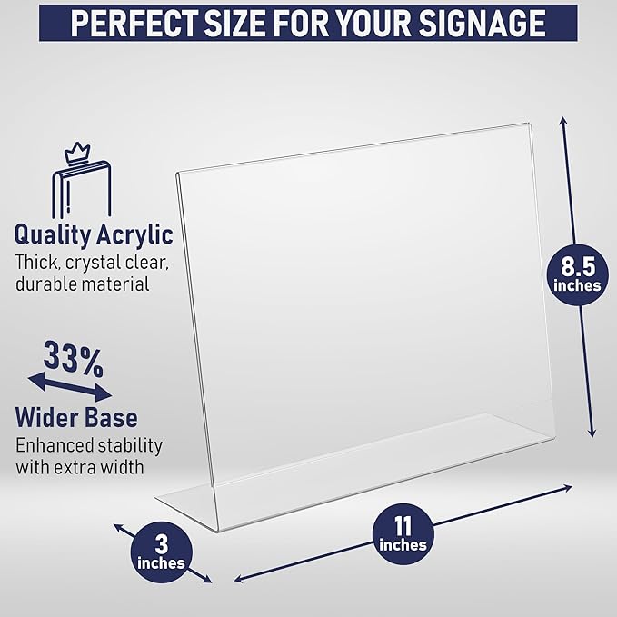 Slant Back Acrylic Sign Holder 11 x 8.5 Inches, 3-Pack Landscape Ad Frame, Flyer Display Stand. Menu and Table Sign Holder for Home, Office, Store, or Restaurant. Acrylic Stands for Paper and Signage