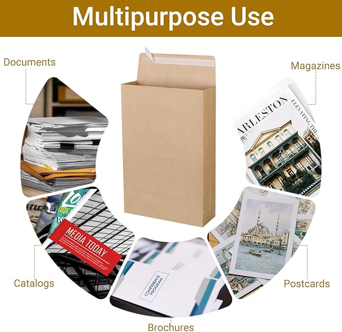25 Pack 10" x 15" Expandable Catalog Envelopes, Large Kraft Document Envelopes Self Seal Manilla Envelopes Mailing for Documents, Magazines, Photos
