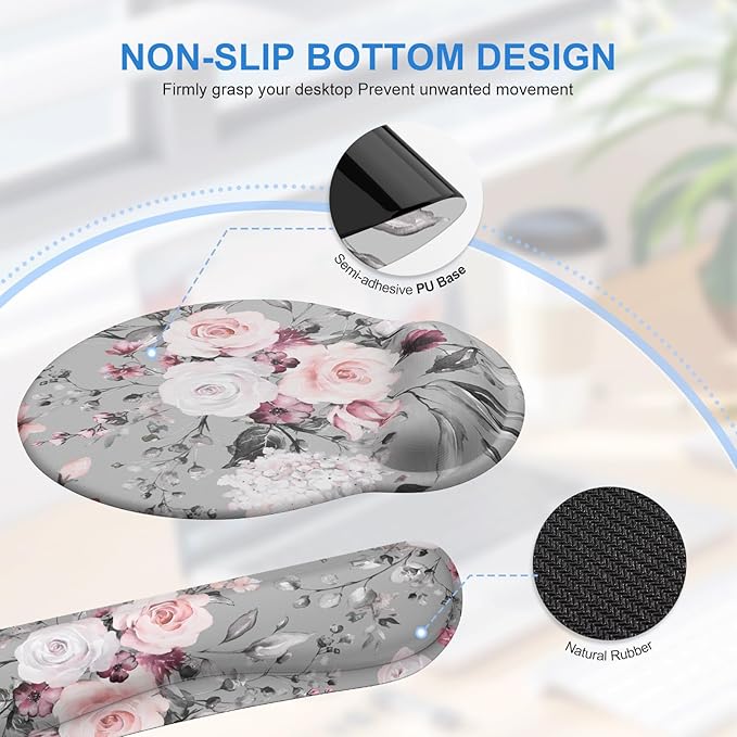 iCasso Large Mouse Pad Wrist Support Set, 4in1 XXL Big Mousepad + Keyboard Wrist Rest + Mouse Wrist Rest + Coaster Set with Ergonomic Design Gaming Mat for Home Office Table Computer - Pink Floral
