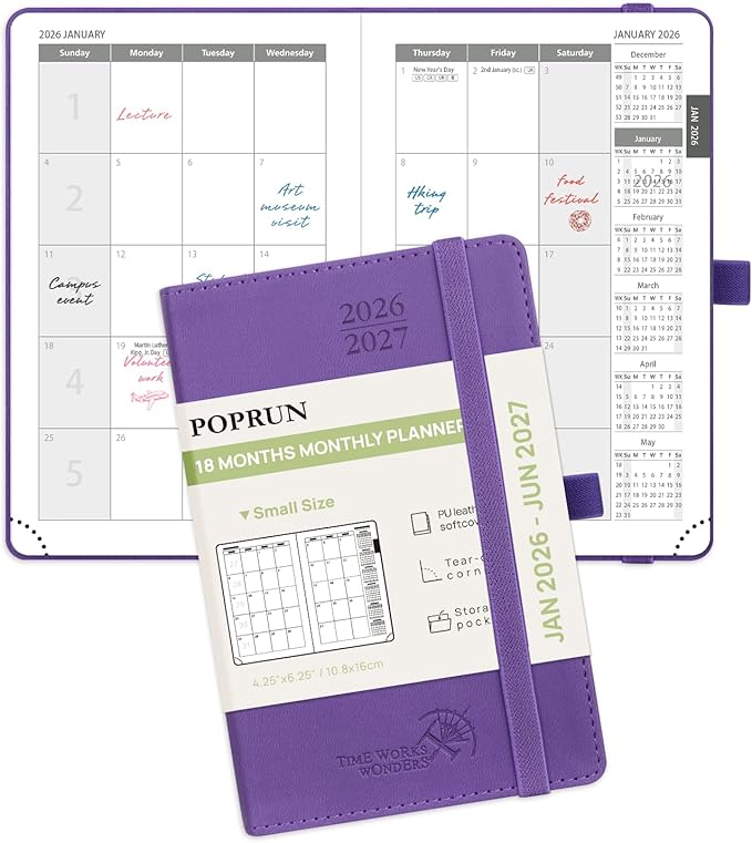 POPRUN Pocket Monthly Planner 2026-2027 (Pocket- 4''x 6.25'' Soft Leather Cover) - 18 Month Calendar Book for Purse (Jan.2026 - Jun. 2027), 100 GSM Thick Paper - Purple