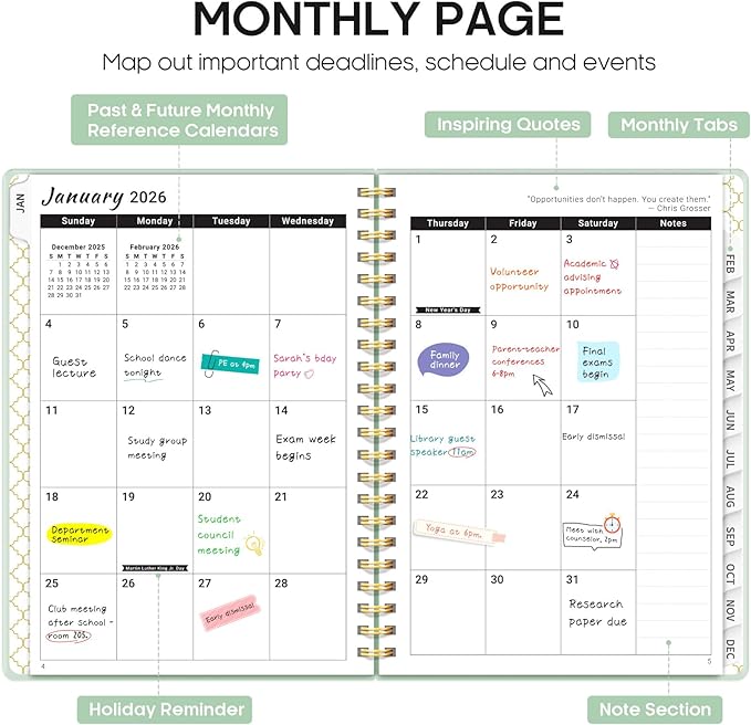 2026 Planner, Weekly and Monthly Calendar Planner, January 2026 - December 2026, Hardcover 2026 Calendar Planner Book with Tabs For Women & Men, Inner Pocket, Spiral Bound, Perfect for Office Home School Supplies - A5 (6.3" x 8.5"), Mint