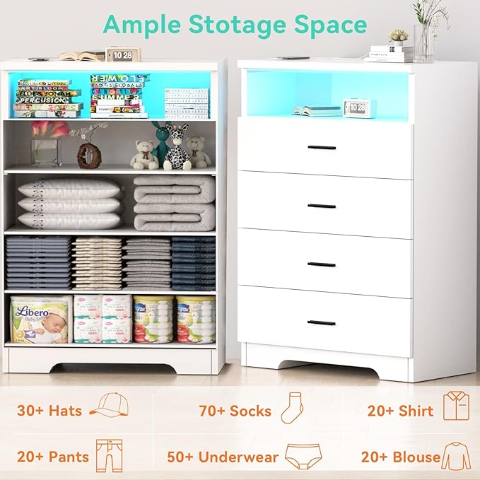 Dresser with Power Outlets and LED Lights Wooden 4 Drawer Dresser with Large Organizer Tall White Drawer for Bedroom Modern Chest of Drawers Closet for Living Room Kids Room