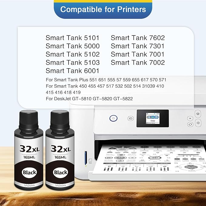 31 32XL Black Ink Bottles Set Compatible Replacement for HP 31 32XL Compatible for HP Smart-Tank 7301 7602 5101 7001 6001 5103 Ink Refill, Smart-Tank Plus 651 551 455 All-in-One Printer 2P