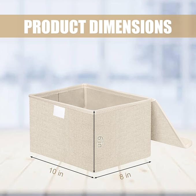 Small 8 Quart Linen Fabric Foldable Storage Bin Cube Organizer Basket with Lid & Handles, Collapsible Decorative Box Container for Home, Dorm, Closet, Beige, 10"x8"x6", 6-Pack