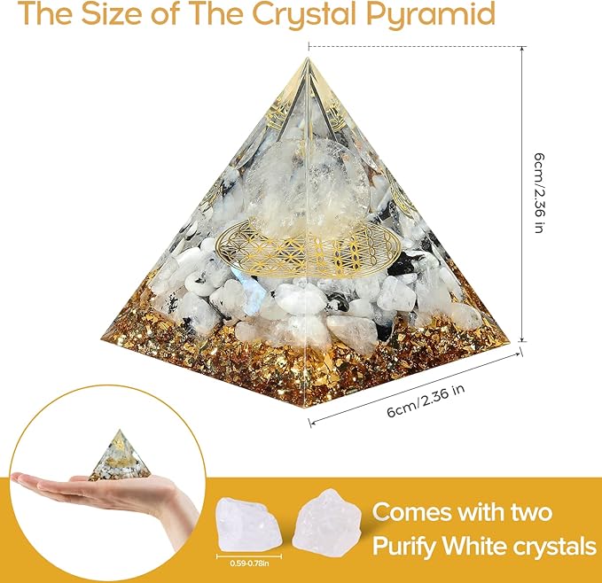 Hopeseed Orgone Pyramid for Positive Energy, Orgonite Rainbow Moonstone&White Crystal Healing Crystal Pyramids for Reduce Stress Chakra Reiki Healing Meditation Attracts Lucky and Success