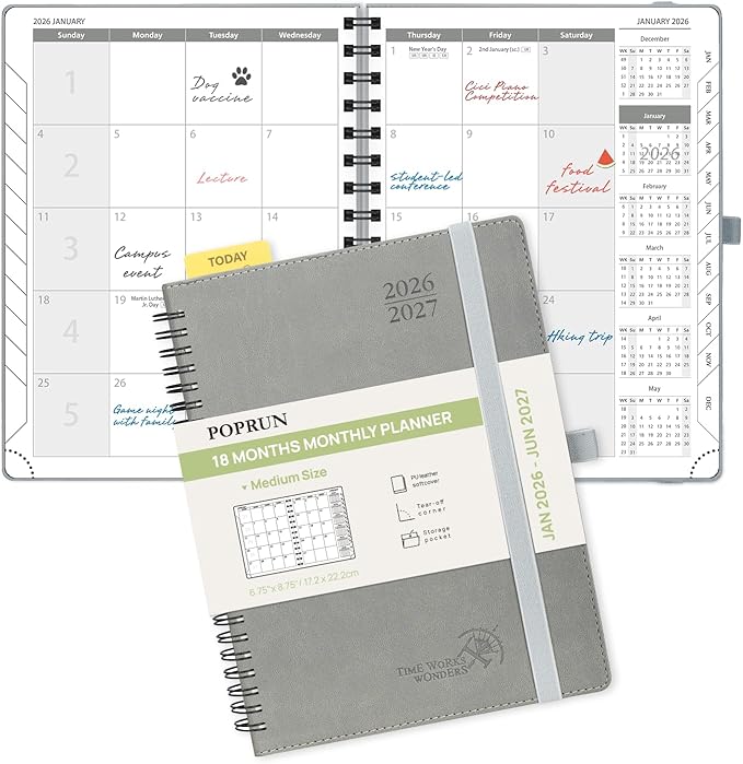 POPRUN Monthly Planner 2026-2027 (Medium 6.5" x 8.5") 18 Months Calendar (Jan 2026 - Jun 2027) - 4 Pages per Month with Expense & Notes, Stair-like tabs, Leather Cover, Sunday Starts - Grey