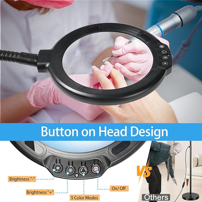 12X Floor Magnifying Glass with Light and Stand, Large Magnifier Hands Free with 5 Color Modes Stepless Dimmable, Flexible Gooseneck Floor Lamp for Close Work, Reading Sewing