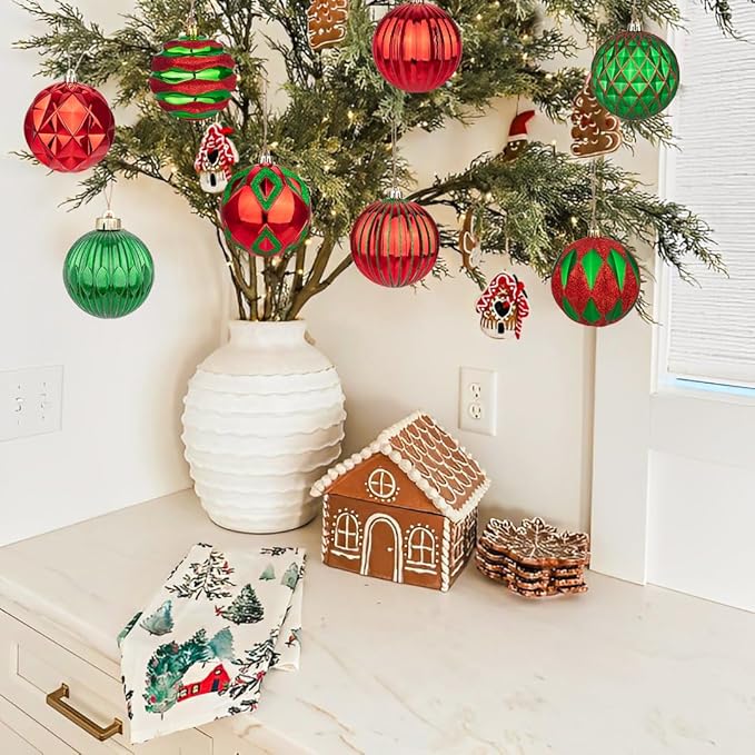 Hollyone 4 Inch Red & Green Christmas Ornaments - 12 Pcs Shatterproof Balls for Xmas Tree Decor & Holiday Party Wreath (Red & Green, 100mm)