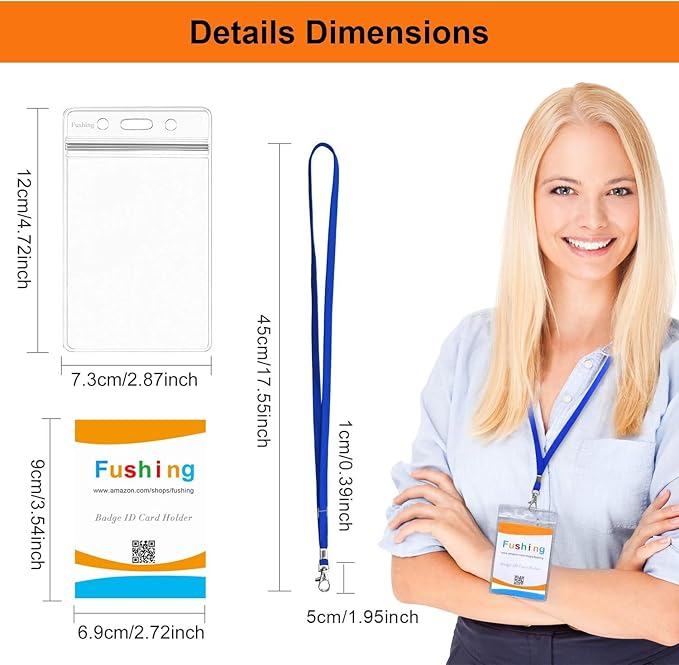 Fushing 50pcs Clear Plastic Vertical Name Tags Badge ID Card Holders and Blue Neck Lanyards with Swivel Hook for School, Festival, Event (M)