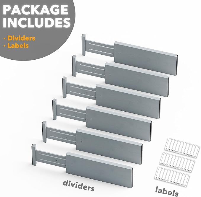SpaceAid Bamboo Dresser Drawer Dividers 6 Pack, 4.65“ High Adjustable 12.5“-17” Drawer Organizers, Expandable Organization for Clothing, Clothes, Dressers, Gray