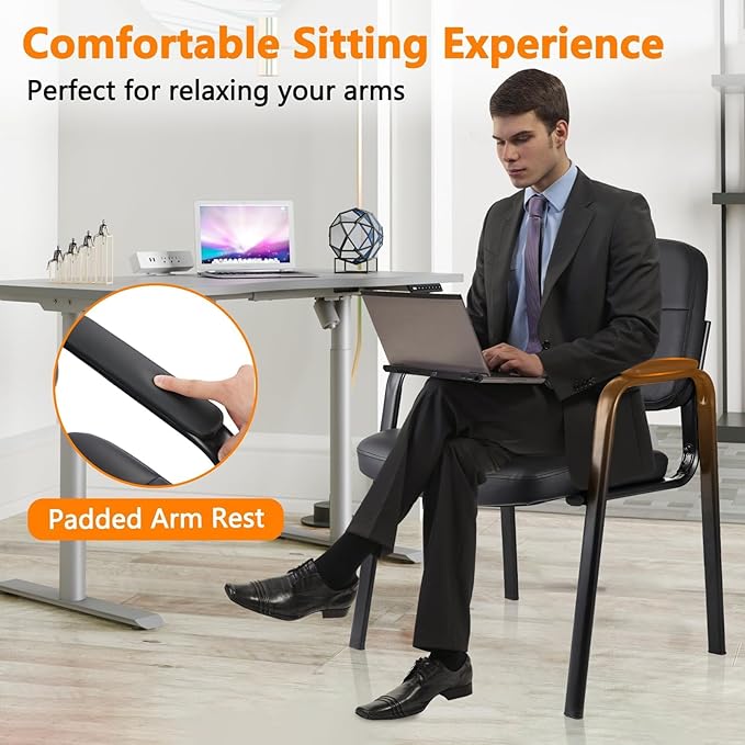 CLATINA Waiting Room Guest Chair with Bonded Leather Padded Arm Rest for Office Reception and Conference Desk Black 6 Pack