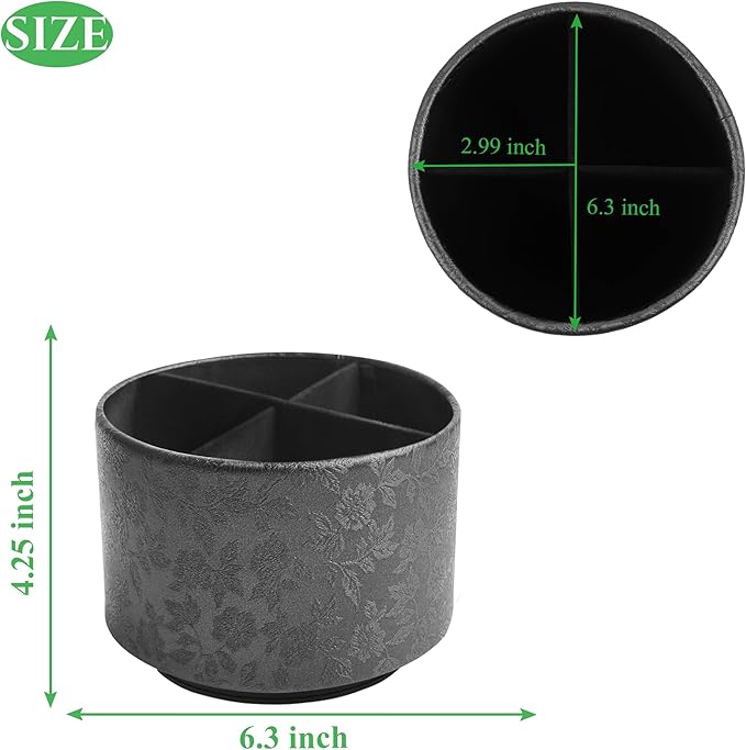 lizimandu Round Leather Art Supply Organizer,Remote Control Holder,360 Degree Spinning,Multi-Functional Pencil Holder,4 Compartments Desktop Stationary Organizer(1-Liuli Black)