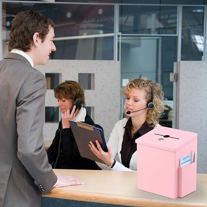 xydled Suggestion Box with Key Lock, Locking Metal Donation Ballot Drop, Comment Prayer Box with Slot for Office, Fundraising, Church, School, Home Use, Pink, 8.7 x 7.1 x 5.9 Inches
